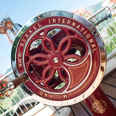 Close up of the flywheel of a Berkel slicer